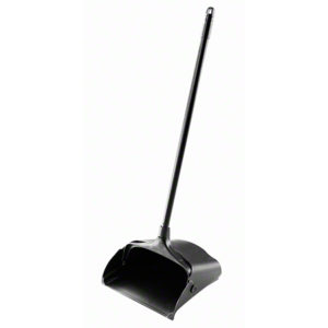 An upright-handled dustpan with an open scoop, featuring a long handle and available in black labeled as the BWK2600 - Black Plastic Lobby Dust Pan - Each.