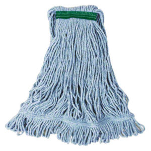 A RUBBERMAID Medium Super Stitchblend Mop Head in blue, featuring a green band around the top, is displayed against a white background.