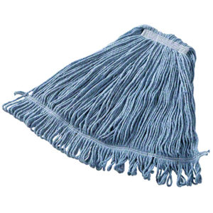 The RUBBERMAID LARGE SUPER STITCH WET MOP - BLUE features a blue string mop head with a rectangular attachment band at the top and long, loose strands designed for efficient floor cleaning.