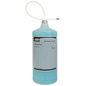 A large transparent bottle containing a light blue liquid, branded as TC One Shot Lotion Hand Soap Floral with Moisturizers, equipped with an attached dispensing tube.