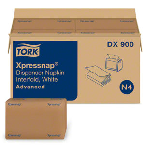 A cardboard box labeled "NAPKIN EXPRESSNAP 500/PACK12/PACKS/CASE, ALT#MOR4500VN" is open, revealing neatly stacked napkins inside. A single pack of napkins is placed in front of the box.