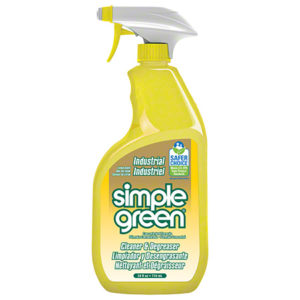 Yellow spray bottle of Simple Green Lemon Scent All-Purpose Cleaner, featuring text in English, Spanish, and French, and labeled as a Safer Choice product.