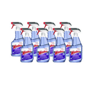 Eight 32 oz spray bottles of Windex Glass/Multi-Surface Cleaner with a fresh scent are arranged into three rows.