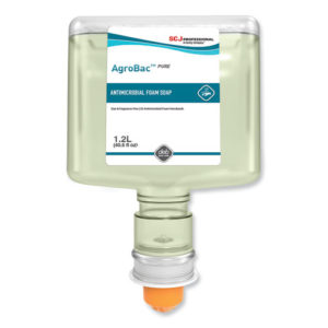 A 1.2-liter refill container of AGROBAC PURE FOAM WASH, unscented, labeled for professional use by SC Johnson Professional, available in a carton of three.