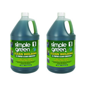 Two one-gallon bottles of Clean Building All-Purpose Cleaner Concentrate, packaged with green labels and white text, 2 per carton.