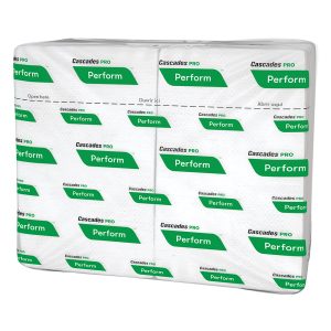 The T410 PERFORM 1PLY WHITE INTER-FOLD NAPKINS, 376/PKG,16PKG/CS, displayed in their green and white packaging, are shown neatly stacked.