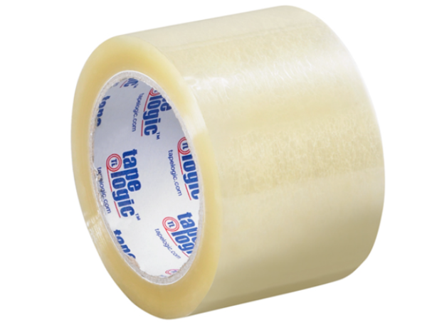 Close-up image of a clear packing tape roll labeled "3"x 110 CARTON SEALING TAPE 24 ROLLS PER CASE ALT #230959.