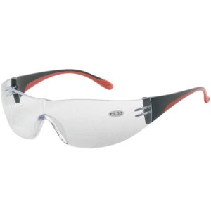 Clear safety glasses with black and orange arms, featuring a magnification sticker labeled "FUSE READER POWER 2.0" on the lens.