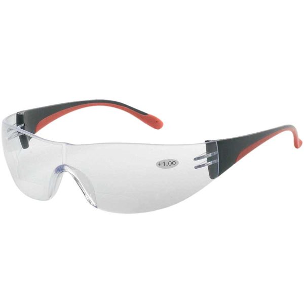 Clear safety glasses with black and orange arms, featuring a magnification sticker labeled "FUSE READER POWER 2.0" on the lens.