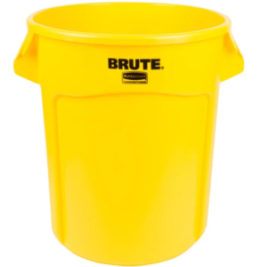 A 20-gallon, bright yellow BRUTE container made of plastic, with the word "BRUTE" printed in black at the top and a lid included.