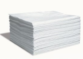 A neat pile of 15"x18" white medium weight oil-only absorbent pads stacked together on a light background.