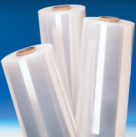 Three upright rolls of 20" x 5000' 63G stretch film with cardboard cores are displayed against a gradient blue background.