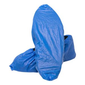 A pair of blue SHOE COVERS made from crinkled polypropylene material, featuring a non-skid design, placed on a white background.