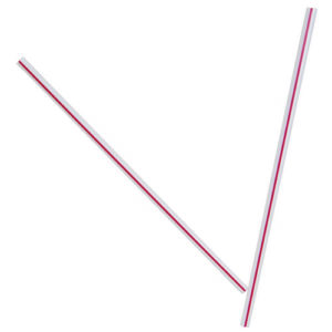 Two straws from the RED PLASTIC STIR-STRAW pack, each featuring red and blue stripes—a first straw positioned diagonally and a second one horizontally.