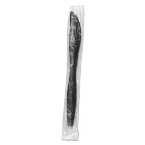 A WRAPPED HEAVY WEIGHT KNIFE BLACK made from polypro, sealed in transparent plastic packaging, available in a case of 1000.