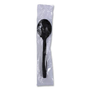 A wrapped heavy weight spoon made of black polypropylene, packaged in a clear plastic wrapper.