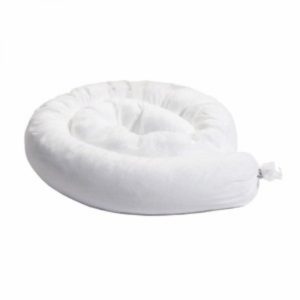 A cylindrical, coiled body pillow in white, designed for comfort and support during sleep, named TRI-WS0430 3" x 4' Oil Only Absorbent Socks.