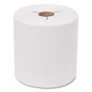 A large, white roll of the ADVANCED WHITE HAND TOWEL ROLL, NOTCHED, stands upright against a plain background.