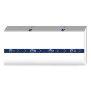 A package of PEAKSERVE Continuous Hand Towel, measuring 7.91 x 8.85 in white, features a rectangular design with a blue horizontal stripe displaying logos and text in the center, containing 410 wipes per pack and available in sets of 12 packs per case.