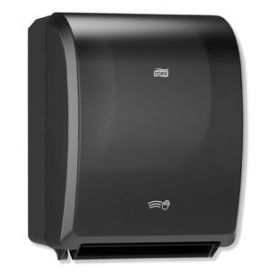 An Electronic Hand Towel Roll Dispenser in black, wall-mounted, with the Tork brand logo and an icon for hand activation; accommodates 8" rolls and measures 12.32 x 9.32 x 15.95 inches.