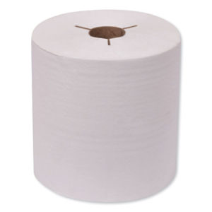 A large roll of TORK Universal 3-Notch white paper towel measuring 8 inches by 800 feet, with a brown cardboard core.