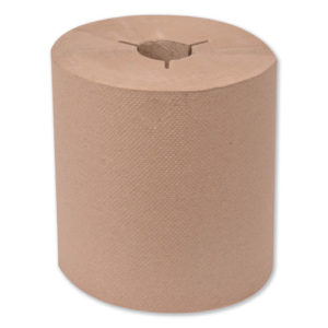 A TORK UNIVERSAL 3 Notch Roll Towel, featuring a cylindrical shape with an 8-inch width and a length of 800 feet, comes in brown color. It has a perforated surface and a hollow center for easy mounting on a dispenser.