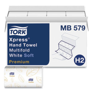 A box labeled "PREMIUM SOFT XPRESS 3-PANEL MULTIFOLD HAND TOWELS, 9.13 X 10.88, 135/PACKS,16/CT" features an illustration of a hand pulling a towel. An individual towel with a leaf pattern is displayed below the box.