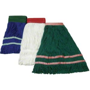 Displayed side by side are three mop heads featuring an individual colored band near the top: one in green labeled as "MEDIUM 100% MICRO FIBER MOP WITH 5" GREEN HEAD BAND - EACH," alongside another in blue and one in white.