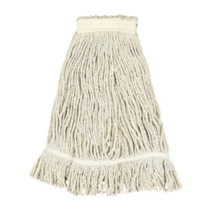 A 24oz rayon mop head featuring looped ends and a narrow band, designed to be attached to a mop handle for efficient floor cleaning.