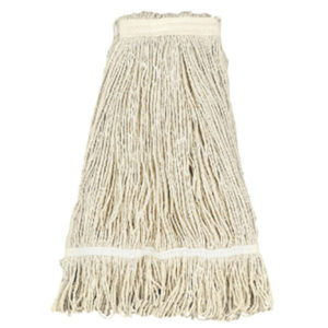 The 24oz Cotton Looped End Wet Mop with Narrow Band 424c features long, thick, white cotton strands designed to be attached to a handle, making it ideal for cleaning floors.