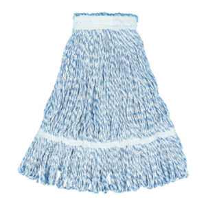 24oz Rayon looped end mop in blue and white twist with a waistband and layered fringes.