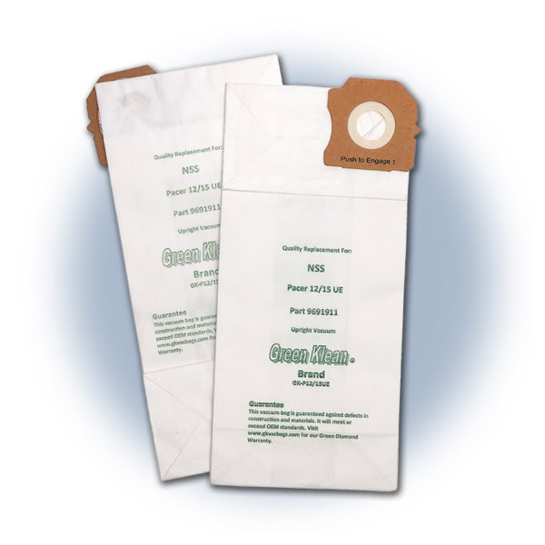 Two white vacuum cleaner bags labeled "NSS PACER 12UE VAC BAG 10/PK WAVELOCK DESIGN" with part numbers and usage instructions printed on them, featuring cardboard tops with circular openings for attachment.