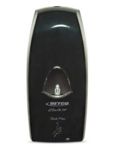 A BETCO-91968 Clario Black TouchFree dispenser for foam soap, designed for hands-free soap dispensing with a black front and silver sides.