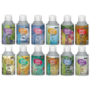 A collection of 12 "Assorted Fresh Scents Metered TimeMist Air Freshener" spray cans, each featuring different colors and scents like lavender, lemon, and pine.