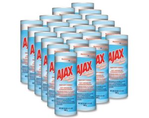 A case of 24 Ajax Cleanser with Oxygen Bleach cans, each containing 21 oz, are arranged in a pyramid-like formation. The cans feature a predominantly white design with blue and red labels.