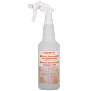 Plastic spray bottle labeled "ENVIROX ORANGE-HEAVY DUTY SPRAY BOTTLE & TRIGGER FOR GREEN" with a trigger handle and a transparent body, featuring orange text.