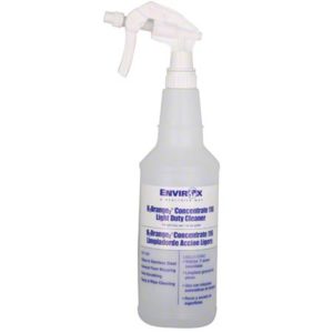 A spray bottle labeled "ENVIROX BLUE-LIGHT DUTY SPRAY BOTTLE & TRIGGER FOR GREEN" with descriptions in English and Spanish.