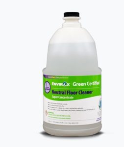 A 55-gallon drum of ENVIROX Green Certified Neutral Floor Cleaner, Super Concentrate, includes precautionary text on the bottom concerning skin and eye irritation.