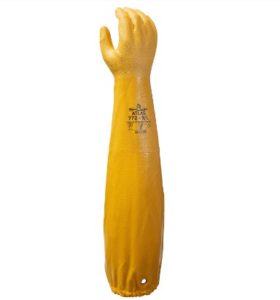 A yellow rubber glove with extended arm coverage, labeled "ATLAS 772, 26" Double Dipped Nitrile Rough Grip, Size XL," standing upright on its fingertips.