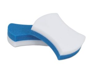 Two SCOTCH BRITE EASY ERASERPADS, featuring a double-layer design with a white top layer and a blue bottom layer and curved edges, are stacked on top of each other.