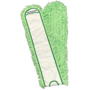 A 60" microfiber dust mop head with green loops and a white central strip labeled "MAG60MFL-60LOOP-GR-SS".