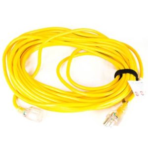 The PROTEAM 50' EXTENSION CORD - YELLOW, featuring clear plug prongs and secured with a black Velcro strap, is neatly coiled.