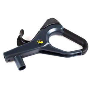 A black and gray PROTEAM HANDLE W/MOLDOVER AND DECAL & BEZEL 1500XP vacuum cleaner handle attachment featuring a circular grip and a small tube outlet.