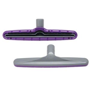 Two 14" XOVER FLOOR TOOL vacuum cleaner heads, one with a purple and black color scheme viewed from the front, and a gray one viewed from the back.