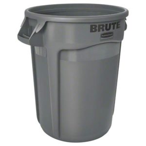 A RUBBERMAID 32 Gallon BRUTE Container in gray, made of plastic, featuring handles on the sides and a slightly rounded top edge.