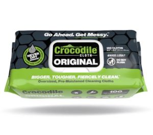 Introducing the CROCODILE CLOTH ORIGINAL, featuring a design in green and black with text that emphasizes "Bigger, Tougher, Fiercely Clean." Each pack includes 100 huge pre-moistened cloths.