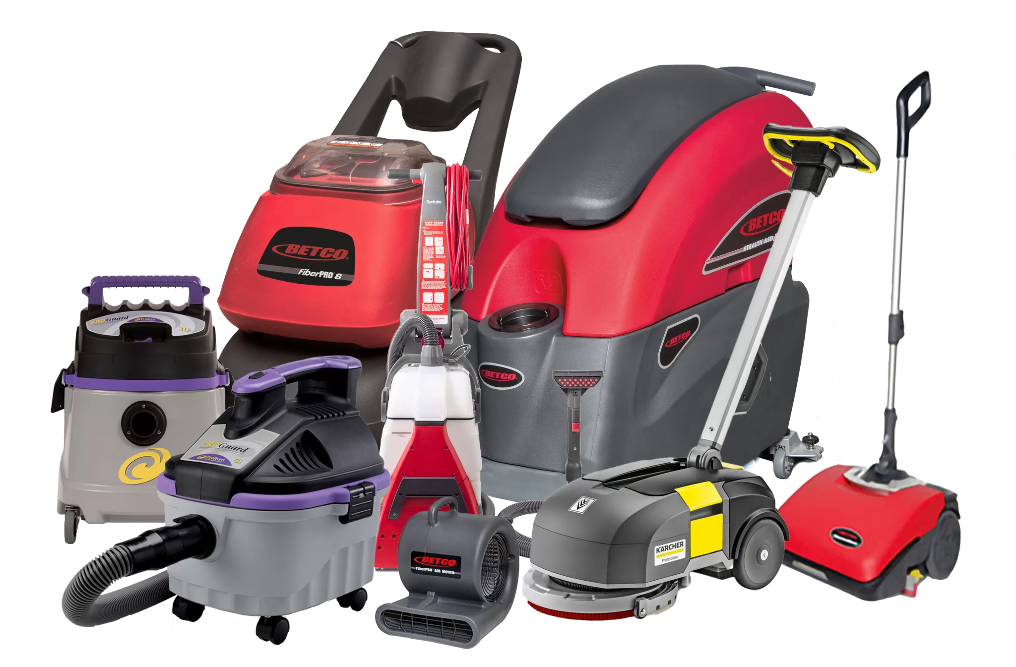 Various commercial cleaning machines including vacuum cleaners, floor scrubbers, and carpet extractors are arranged together.