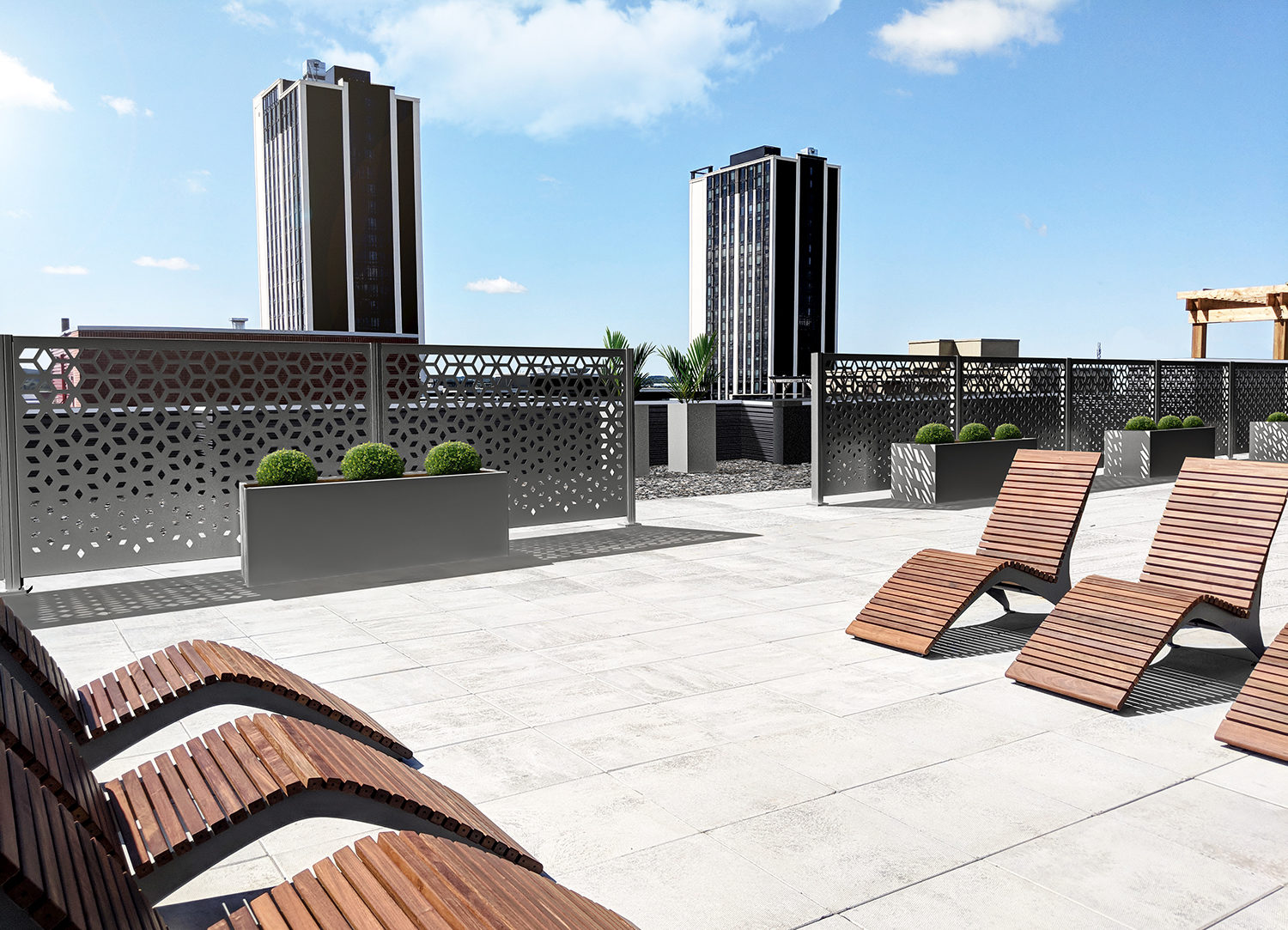 Grey Flex Pannels and wood chaise lounge chairs on rooftop