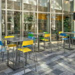 Foro Bar Height Table with Backed Stools in Yellow, Green and Blue