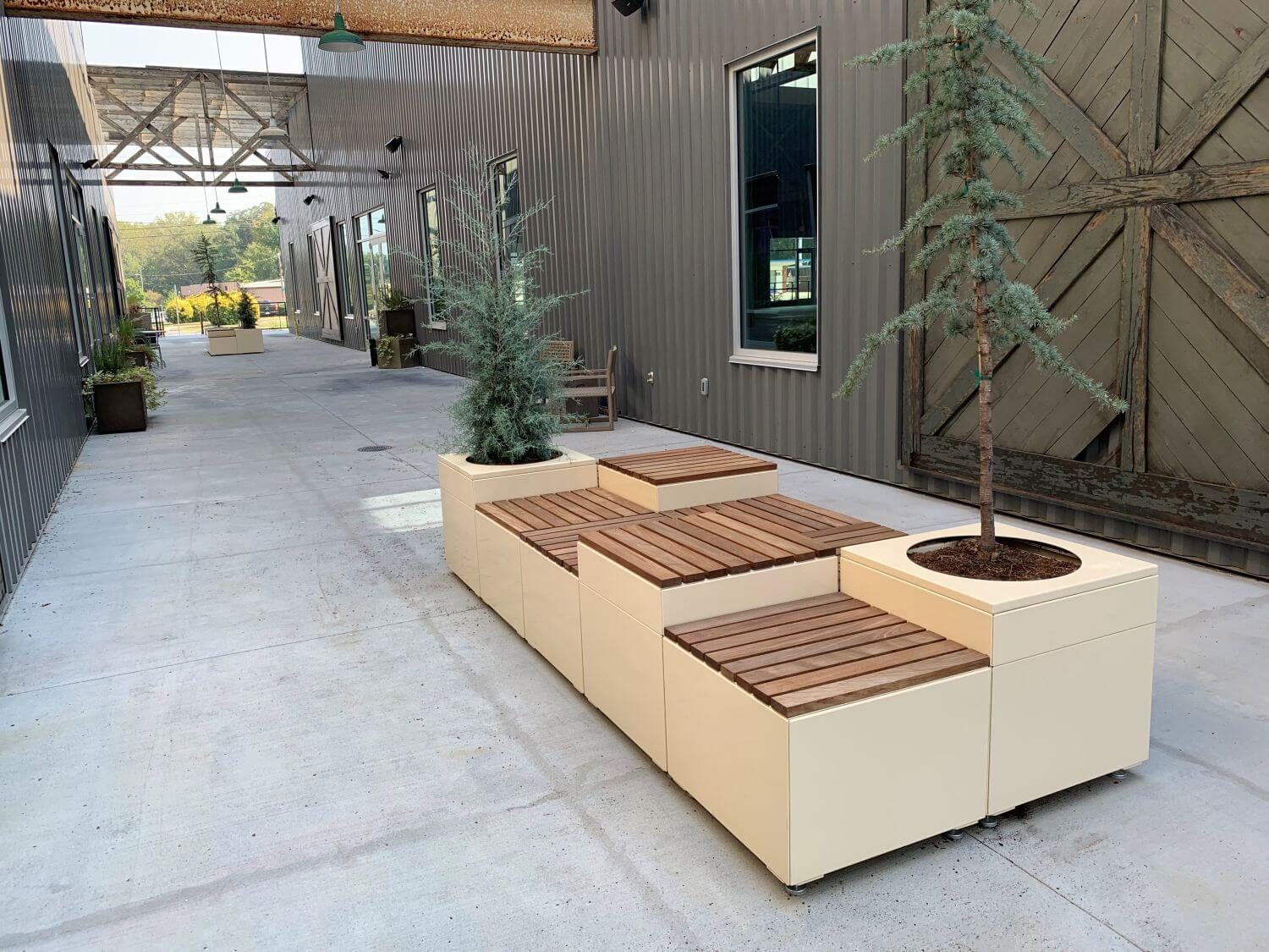 Wood Planters and Seating Area with tree in planter